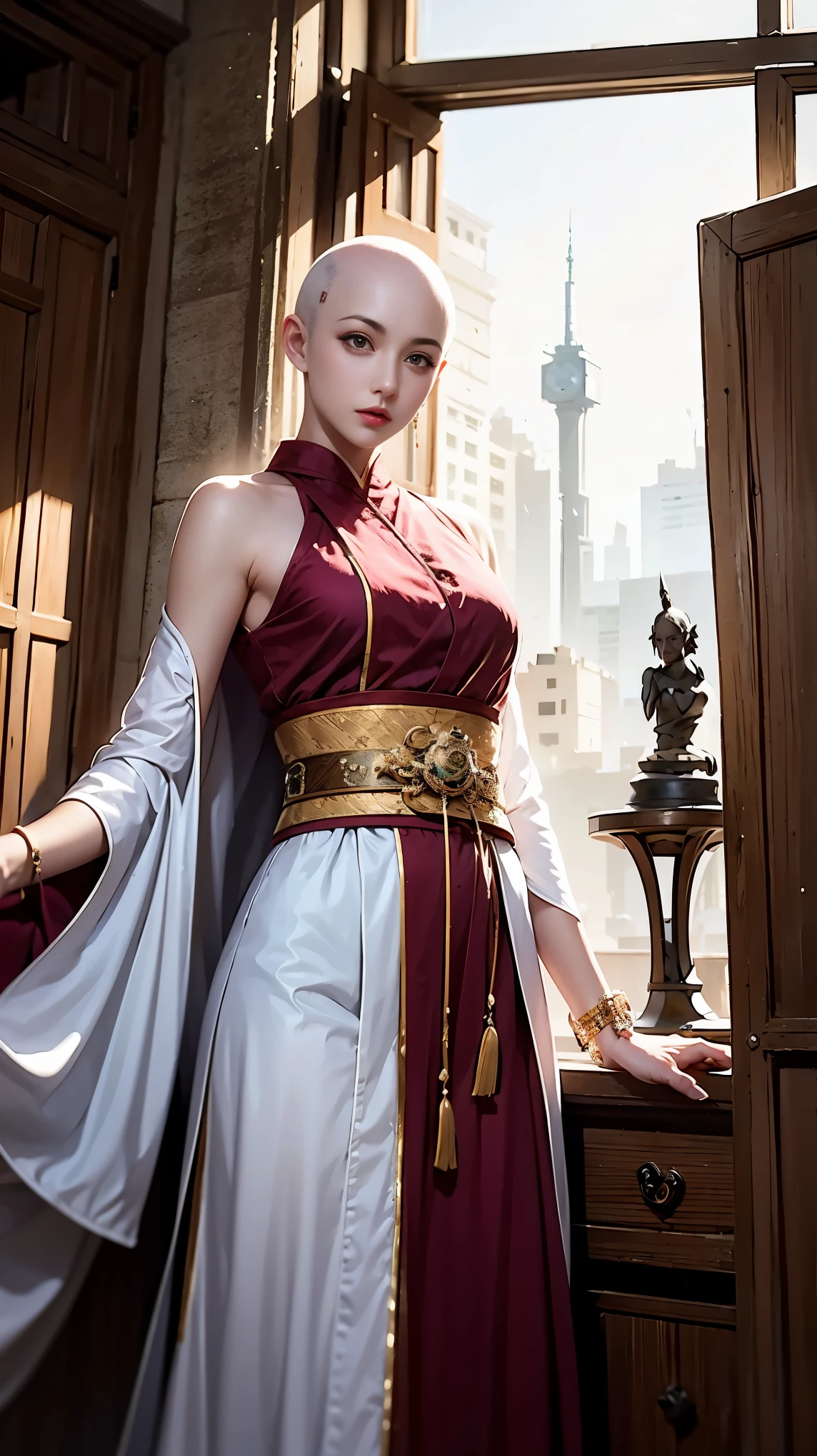 (masterpiece, best quality:1.1), Samurai sword，sh4g0d style cyberpunk female warrior，(Bald，monk:1.2),bushido,robe