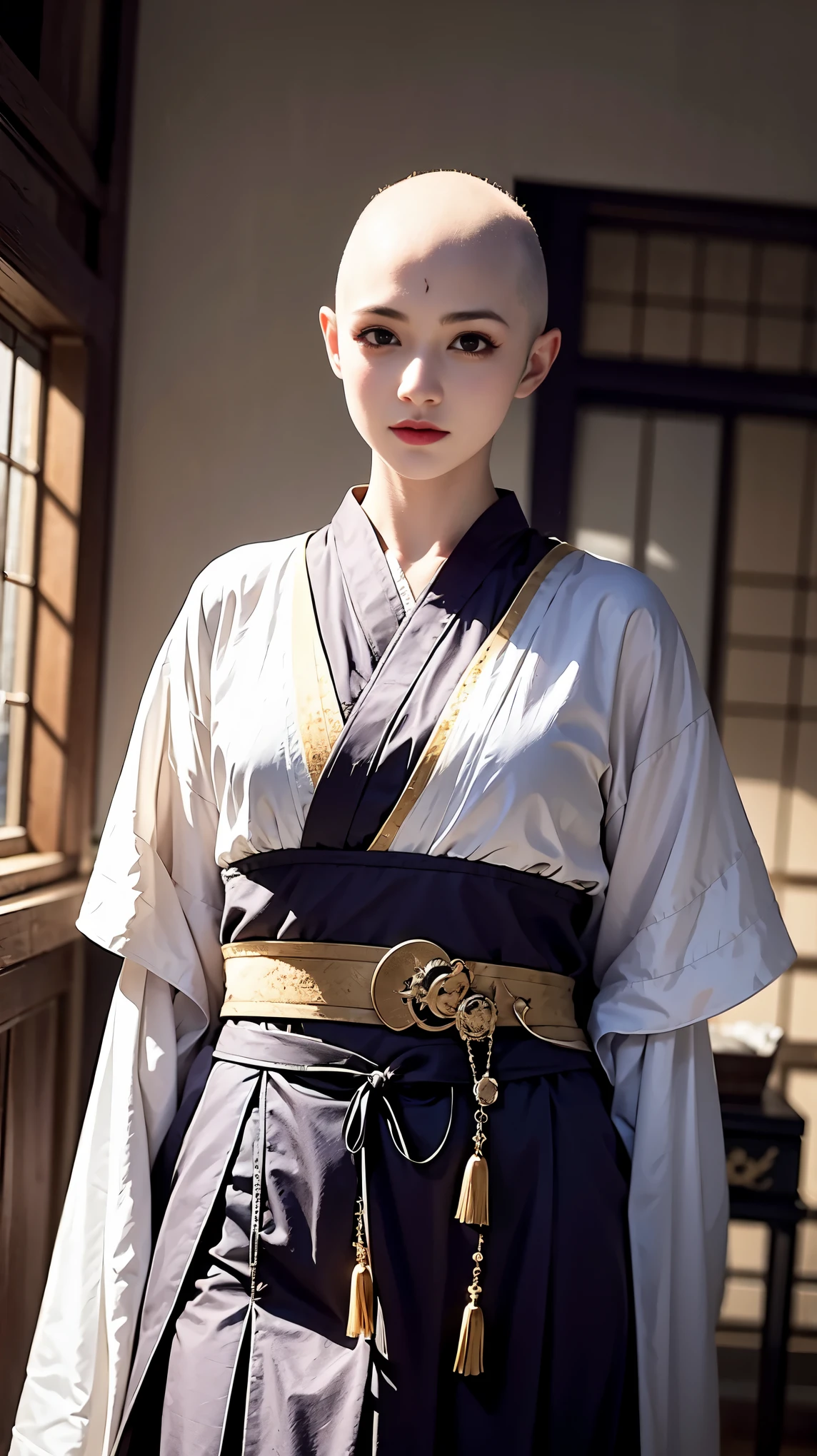 (masterpiece, best quality:1.1), Samurai sword，sh4g0d style cyberpunk female warrior，(Bald，monk:1.2),bushido,robe