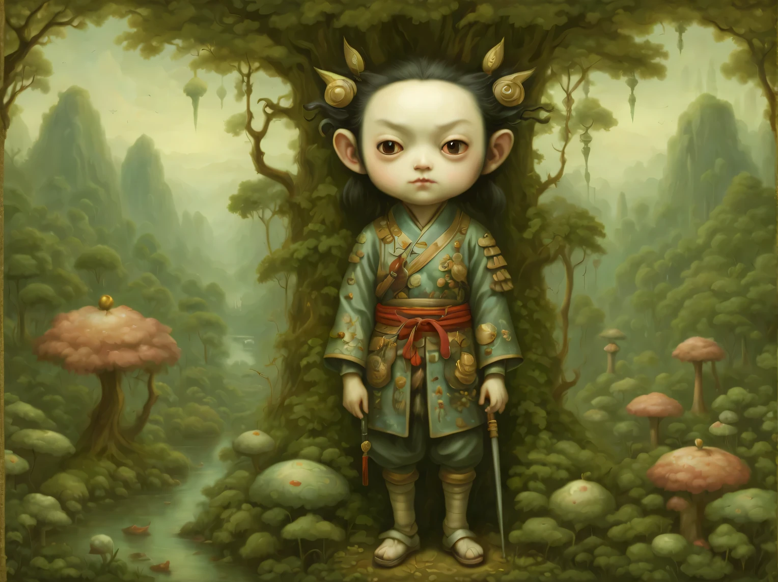 The neural network draws a picture against the backdrop of a surreal Asian jungle, heroic samurai from another world, samurai looks majestic, beautiful samurai clothes, slim tall build, Developed muscles, loose hair, A high resolution, High detail, clarity 32 thousand., A high resolution, -bit color depth, (Mark Ryden: 1.5155), (Xue Wang: 1.1155), (Do it:1.255), bulk, Beautiful Image, High detail