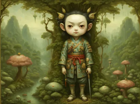 The neural network draws a picture against the backdrop of a surreal Asian jungle, heroic samurai from another world, samurai lo...