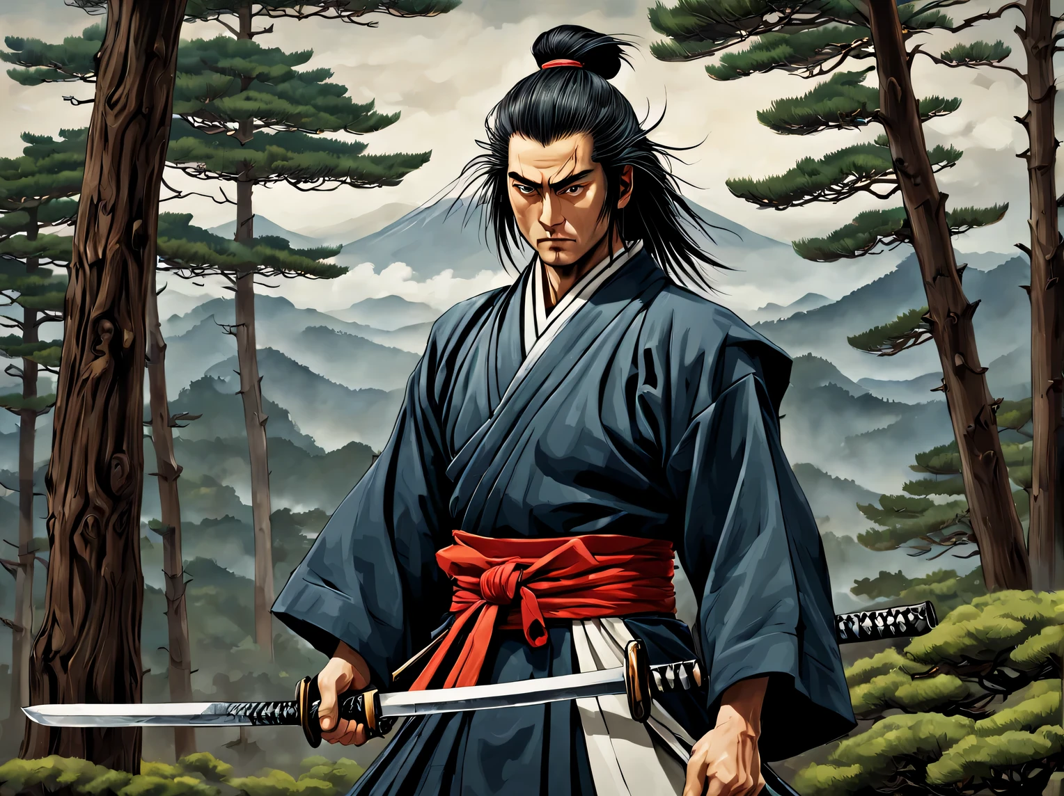 The neural network draws a picture against the backdrop of Fuji and Japanese pine trees, heroic creature - proud samurai, holding a samurai katana sword, samurai clothing, slim slim physique, Developed muscles, loose hair, High detail, clarity 32 thousand., A high resolution, -bit color depth, (Mark Rayden: 1.1155), (Xue Wang: 1.1155), (Do it:1.255), a lot of details, Beautiful image