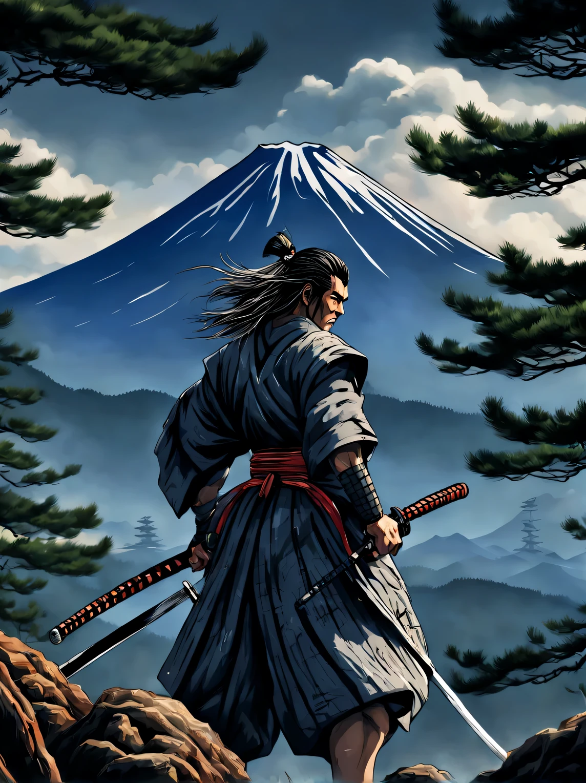 The neural network draws a picture against the backdrop of Fuji and Japanese pine trees, heroic creature - proud samurai, holding a samurai katana sword, samurai clothing, slim slim physique, Developed muscles, loose hair, High detail, clarity 32 thousand., A high resolution, -bit color depth, a lot of details, Beautiful image