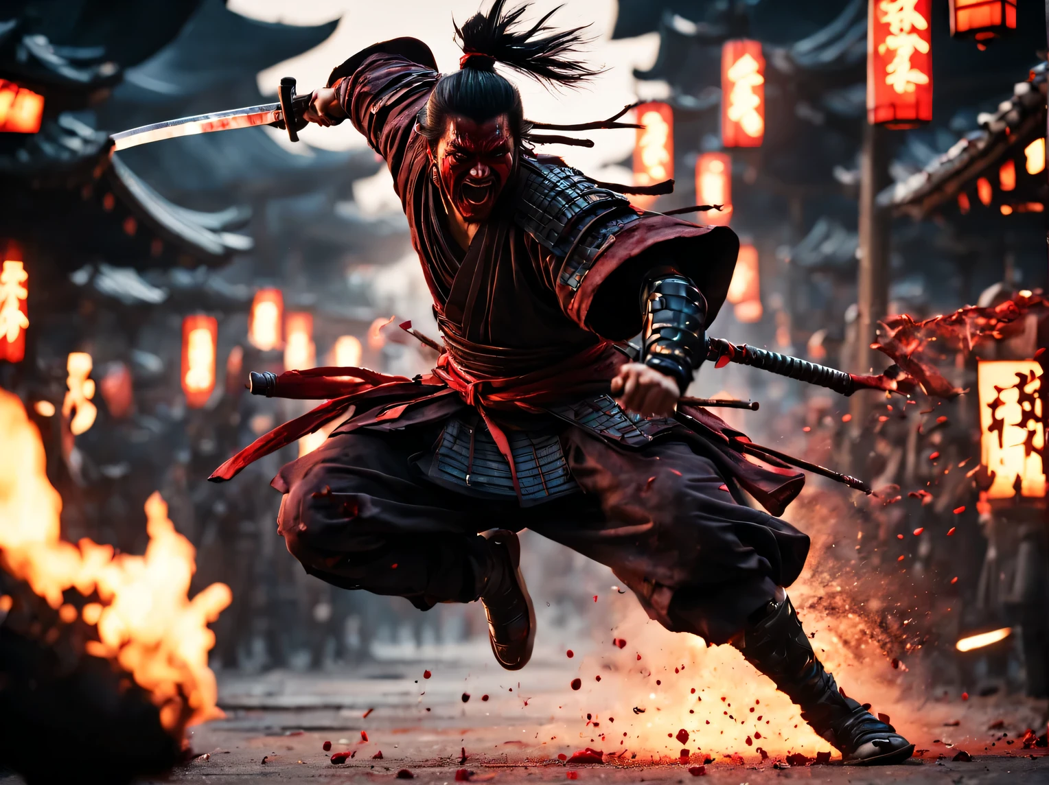 cinematic frame, depicting an action scene, a bloody samurai leaps and swings his sword at the enemy, emotions of rage on his face, grin of rage, metropolis street, Evening, Evening lighting, lantern light, Dynamic frame, cinematic lighting, focus on samurai, High detail, maximum realism, cinematic treatment