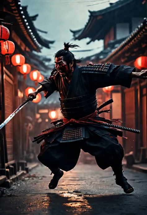 cinematic frame, depicting an action scene, a bloody samurai leaps and swings his sword at the enemy, emotions of rage on his fa...