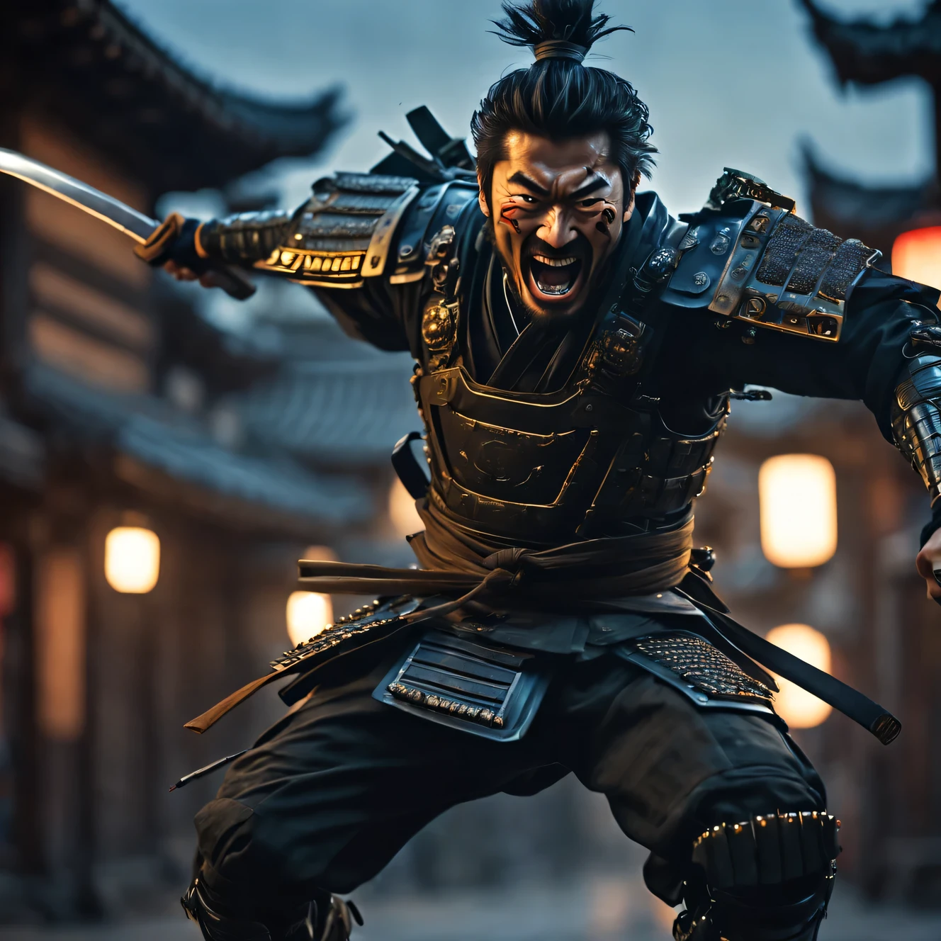 cinematic frame, depicting an action scene, cybernetic samurai makes a jump and swings his sword at the enemy, emotions of rage on his face, grin of rage, metropolis street, Evening, Evening lighting, lantern light, Dynamic frame, cinematic lighting, focus on samurai, High detail, maximum realism, cinematic treatment