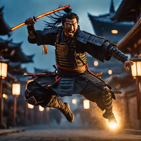 cinematic frame, depicting an action scene, cybernetic samurai makes a jump and swings his sword at the enemy, emotions of rage ...