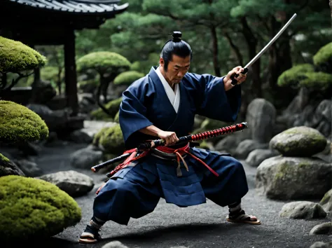 realistic photo, Samurai in the rock garden performs a hara-kiri ritual