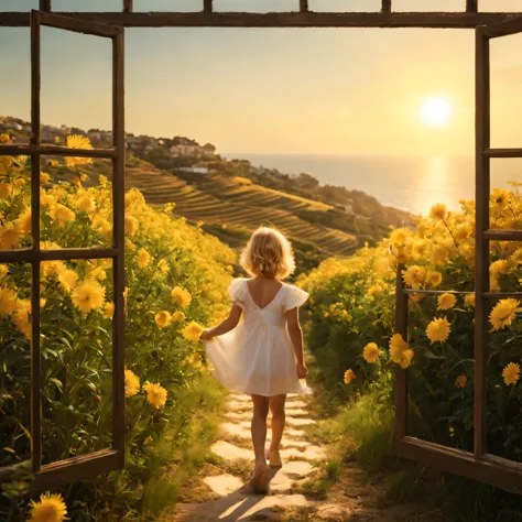 1 kid "Charlize Theron", dentro de um jardim de FLORES de cerejeiras，e o sol brilhava intensamente，The light from the back windo...