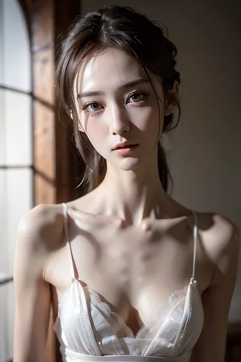 ８ｋ、High resolution、maid clothes fashion、beautiful girl、slender body、young、white skin,、narrow eyes,high nose,lighting that illuminates the face、clear image、intellectual beauty、skinny、no makeup、anxious look、lighting that illuminates the face,shining hair、sin...