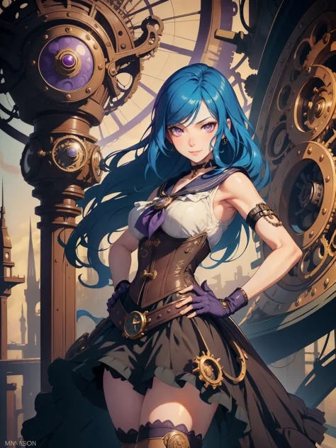 masterpiece, high quality, illustration, extremely detailed, steampunk town, standing, 1_women, (full body), (bright blue hair), medium length hair, cute bangs, flowing hair, (exotic skin_complexion:1.4),mature, tall, (hand on hip), (giving thumbs up), bea...