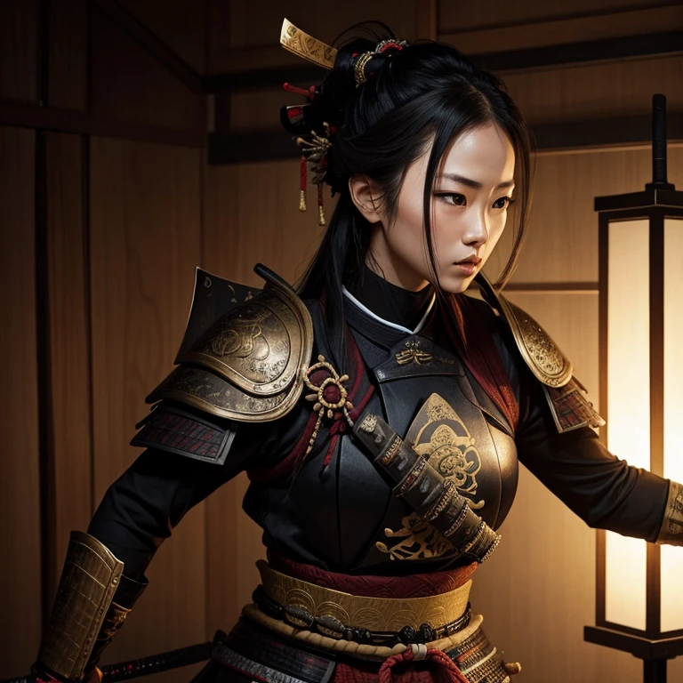 Realistic depiction of a Samurai warrior, woman, sexy outfit .
