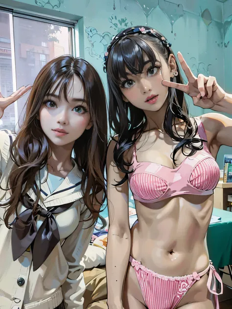 Two Asian women in bikinis taking pictures in their room, cute core, Young slender gravure idol, trending on cgstation, slim girl photo, realistic young gravure idol, Pose together wearing a bra, young gravure idol, Young and cute gravure idol, sakimichan,...