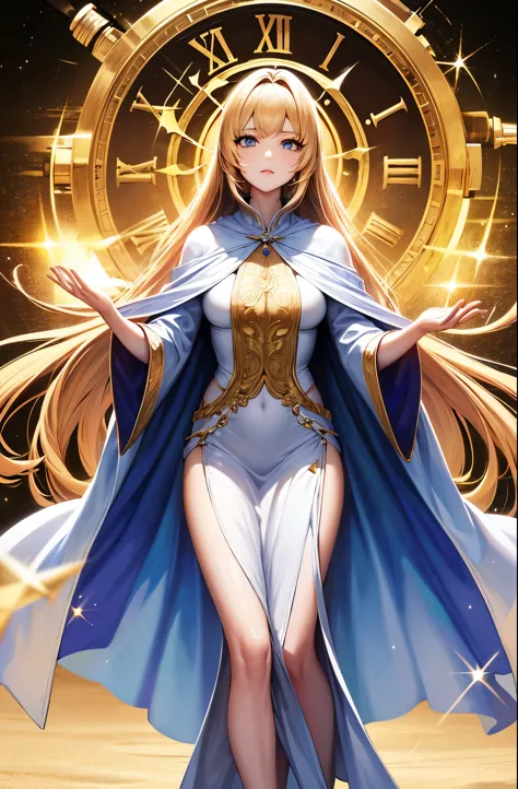 (masterpiece, highest quality: 1.2), official art, goddess of time:1.5, Standing in the sands of time, Holding a space hourglass...