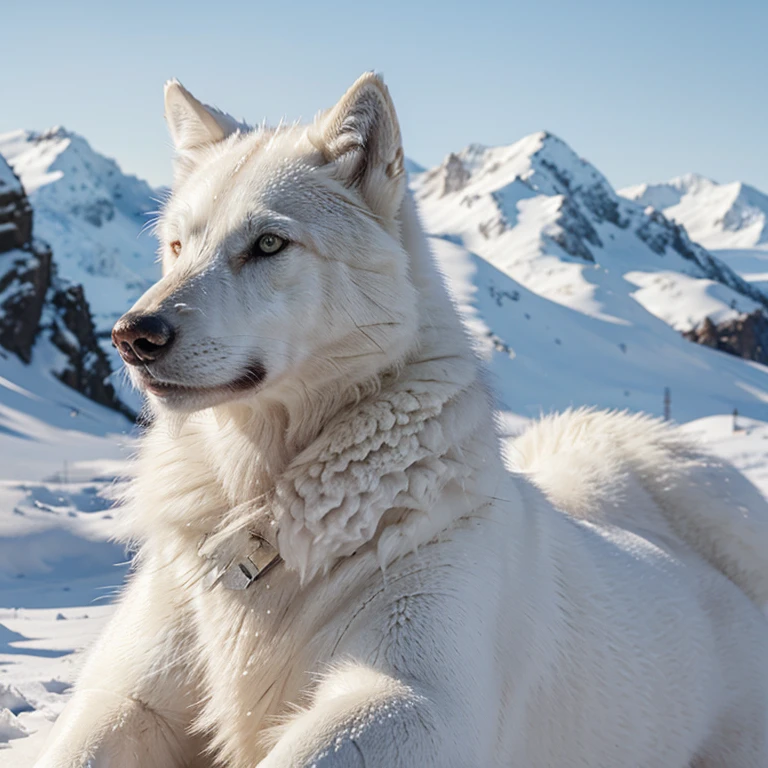 Ultra-realistic depiction of a magnificent white wolf with a stunning coat, set against a natural background.
