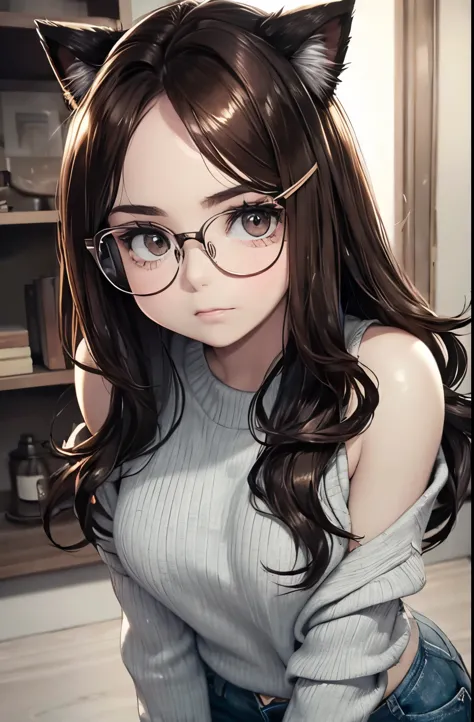 a beautiful young girl, perfect small breasts, long wavy brown hair, brown eye, eyeglasses, contemporary, Realistic Proportion, ...