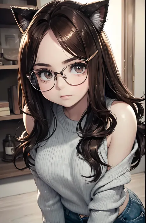 a beautiful young girl, perfect small breasts, long wavy brown hair, brown eye, eyeglasses, contemporary, realistic proportion, ...