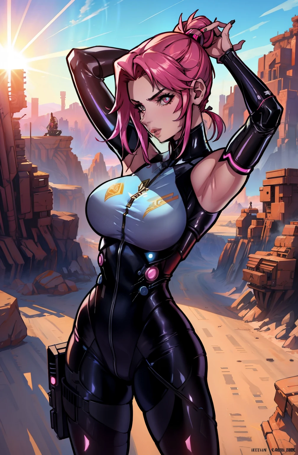 cyberpunk woman with medium breast, high details, she is stretching in the desert with the sun rising up, side picture, wearing tight clothes, detailed face and body
 