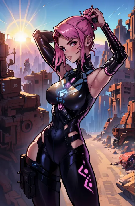 cyberpunk woman with medium breast, high details, she is stretching in the desert with the sun rising up, side picture, wearing ...