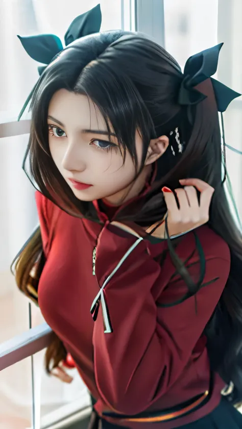 anime girl with long black hair and blue eyes in red shirt, rin tohsaka, anime style like fate/stay night, fate / stay night, an...