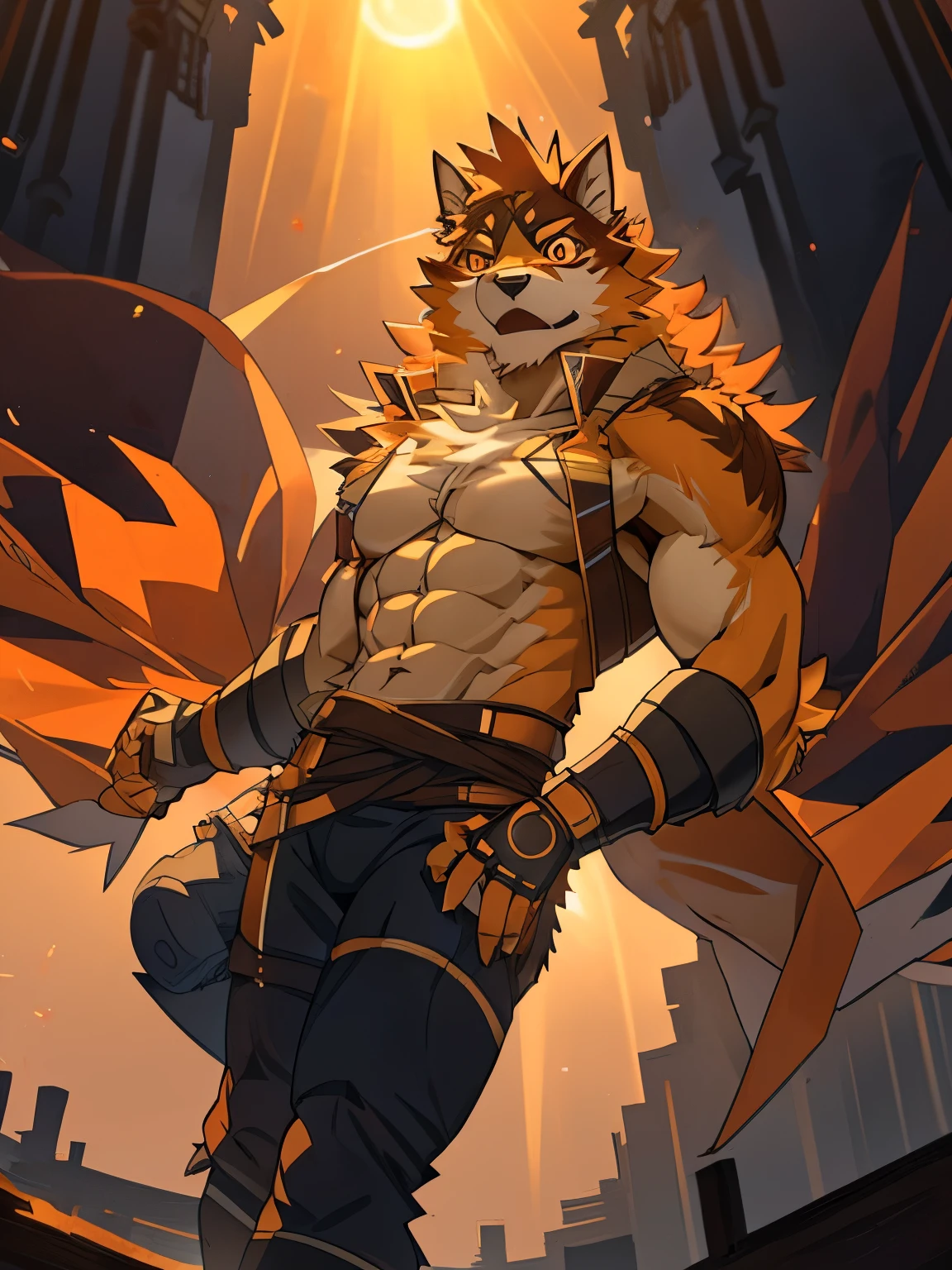 male, furry, anthro, solo, orange fur, red eyes, (Realistic eye details 1.2), urbansamuraiwear, abs, Masterpiece, dramatic lighting, soft lighting, day, highly detail, Hair coiled, detail fur, perfect body