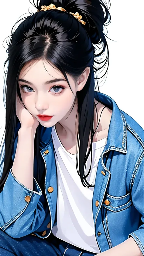 masterpiece, best quality, ((pure white background)), Permanently installed, black hair bun,cold noodle, whole body, denim jacke...