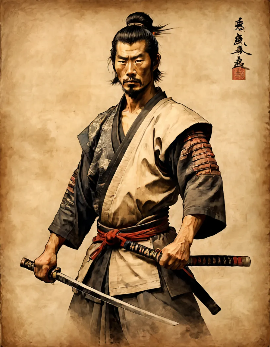 samurai portrait, samurai painting, muscular samurai male painting, samurai, slender, short stature, incredibly muscular man, sa...