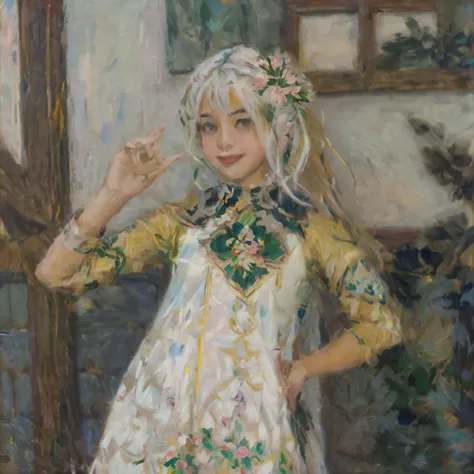 arafed woman in a white dress with green and gold accents,masterpiece on canvas in the style of Claude Monet, ClaudeMonet,A middle-aged brunette woman, ssmile, Extremely beautiful, Detailed landscape, Hyper-realistic, Elements of symbolism and surrealism, ...