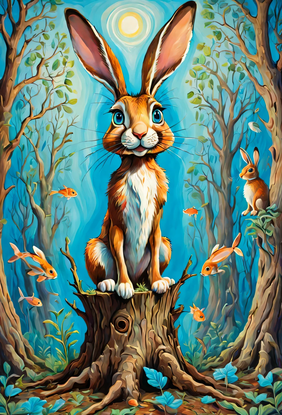 Psychedelic style in the style of Esau Andrews, cartoon hare thin and long grows out of an old stump, branches with leaves grow from the ears of a hare, the hare has big blue eyes, looking up at ears, fish with legs stand around the hare and look at the hare in surprise, Esau Andrews style, surreal oil painting, author: Do it, Southern Gothic, Art style, This is brick art, magical realism painting, pastel shades, sharp lines, small parts, described in detail, Swirling patterns, Abstract shapes, surreal, Trippy