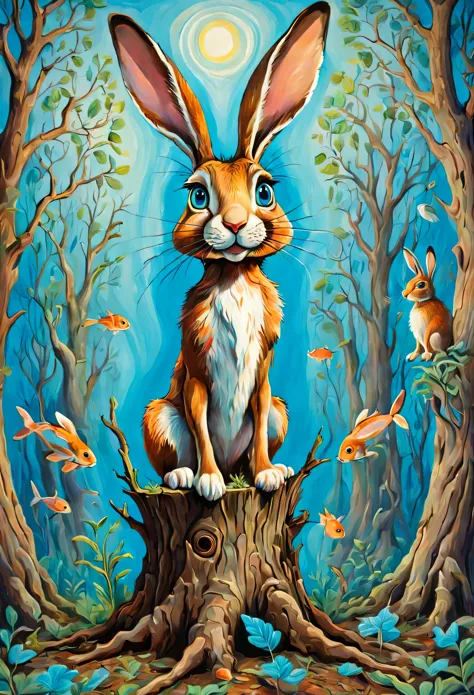 Psychedelic style in the style of Esau Andrews, cartoon hare thin and long grows out of an old stump, branches with leaves grow ...