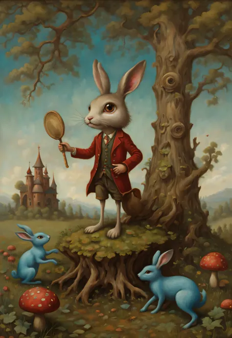 A psychedelic painting in the style of Esau Andrews, a very thin and long cartoon hare with thin legs and arms grows out of an o...