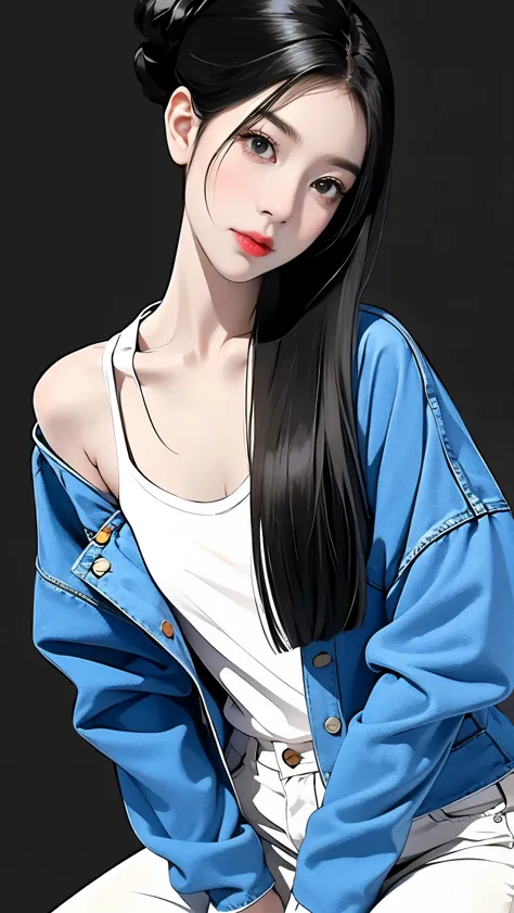 masterpiece, best quality, ((pure white background)), Permanently installed, black hair bun,cold noodle, whole body, denim jacke...