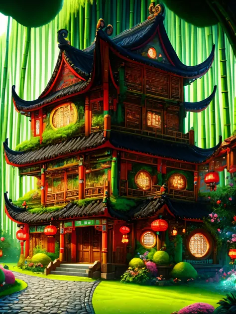 3d，Cartoon，ancient Chinese house，bright colors，traditional building，bamboo forest，Black tile roof，Flower path，wood carving，warm ...