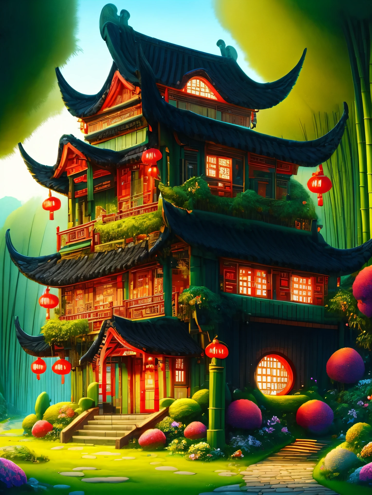 3d，Cartoon，ancient Chinese house，bright colors，traditional building，bamboo forest，Black tile roof，Flower path，wood carving，warm light，Fantasy，whimsical，composition，masterpiece，Exquisite，Color，Amazing visual effects，Crazy details，intricate details，HD