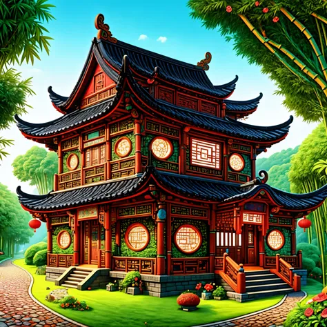 3d、Cartoon、Ancient Chinese houses、bright colors、traditional building、bamboo forest、Red-brown、Black tile roof、Flower path、round w...