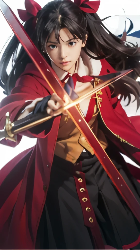 a woman in a red coat holding a sword and a red cape, anime style like fate/stay night, rin tohsaka, light novel cover art, anime moe artstyle, fate stay night, fate / stay night, half invoker half megumin, official artwork, detailed key anime art, makoto kano, by Jin Homura, fate grand order