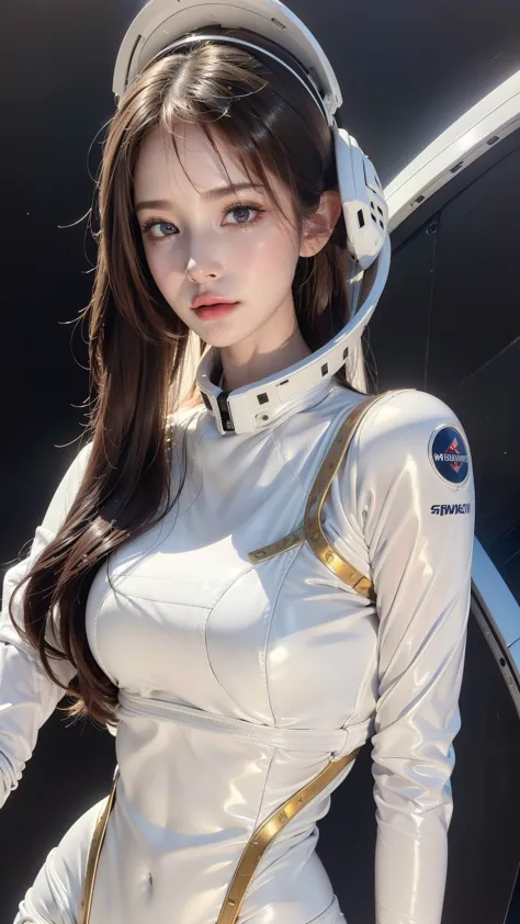 1 Brunette beauty, (white) (one piece bodycon latex suit), (space suit) ((space helmet))((white gloves), {{illustration}}, {The ...