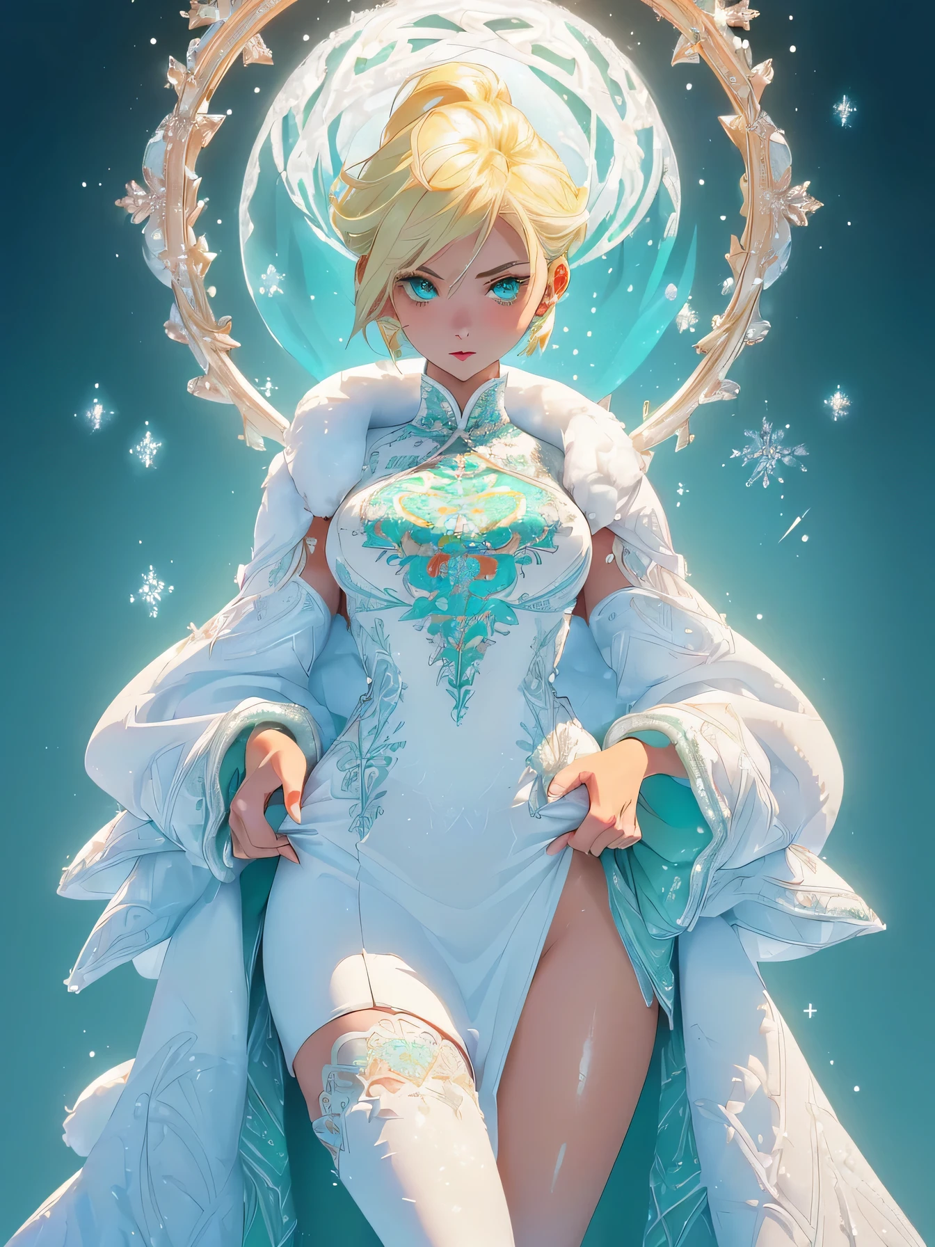 cute elf,((anime elf with extremely cute and beautiful blond hair)),((((blond hair:1.35,undercut blond hair,short hair,colored inner hair,ear breathing)))),(((green_eyes:1.3))),intricate eyes,beautiful detailed eyes,symmetrical eyes,big eyes:1.5,enchanting bright eyes studded with gold and silver dust,(((pinky skin,glowing_skin,lustrous skin:1.5,bright skin: 1.5,skin tanned,shiny skin,very shiny skin,shiny body,plastic glitter skin,exaggerated shiny skin,illuminated skin))),upward breasts,(detailed body,(detailed face)),cute,daring,zettai ryouiki,show skin,best relationship with four fingers and one thumb,((girl trembling with sexual climax))
Break (((aqua fur coat, aqua fur coat outfit, wearing a ice dress:1.3,aqua winter coat))), ((ice dress,elegant ice dress)),(white gloves,white clothes,(((intricate outfit,intricate clothes,embroidered outfit,ornate outfit,embroidered clothes,ornate clothes))),(dynamic pose:1.0),embarrassed,(centered,scale to fit dimensions,Rule of thirds),((snowy pine forest)),winter,scenery:1.25,((intricate scenery)),((snow forest background)),(Glossy winter ornaments),highres,sharp focus,(ultra detailed,extremely detailed),(photorealistic artwork:1.37),(extremely detailed CG unity 8k wallpaper),(((vibrant colors,vibrant theme))),(intricate),full body,(perfect body),standing,One woman.Forehead. Bob cut. Plain appearance. Talented. She is studying well. she is angry Wrinkles between the eyebrows. naked. Creampie. pubic hair. Semen is overflowing from her vaginal opening. Her pussy is being opened with both of her hands. Spread your legs. Raising her legs.