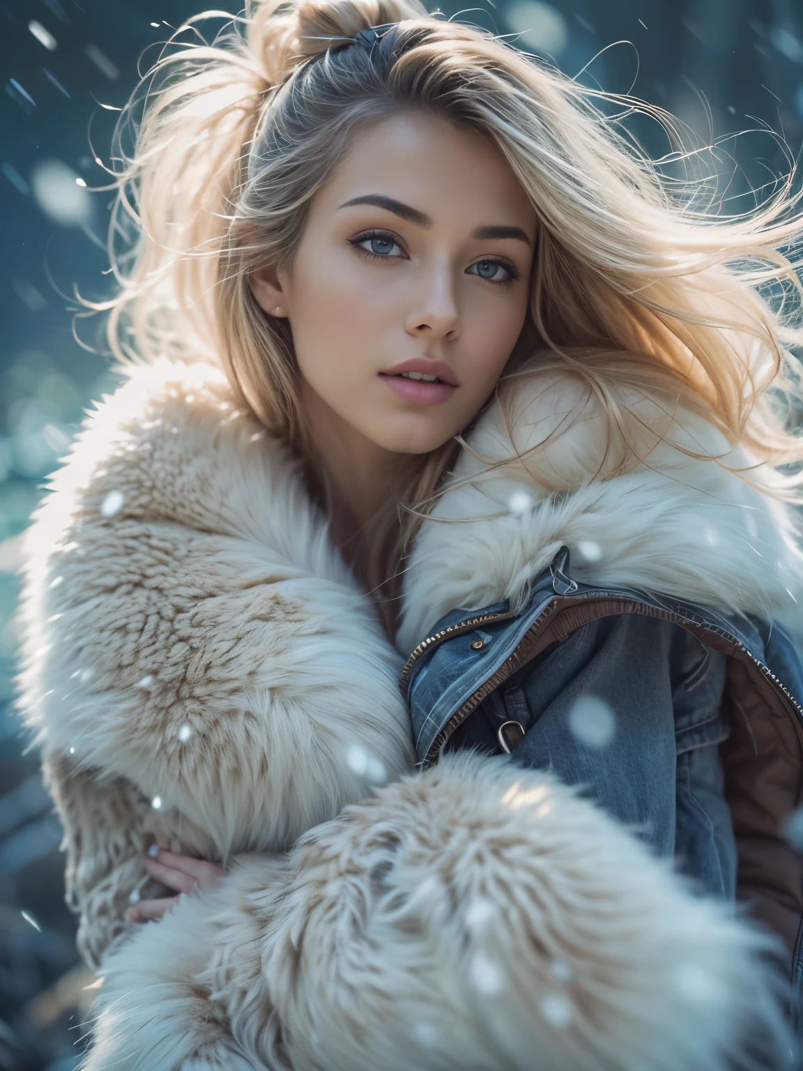 A woman with long hair wearing a fur coat and a jacket - SeaArt AI