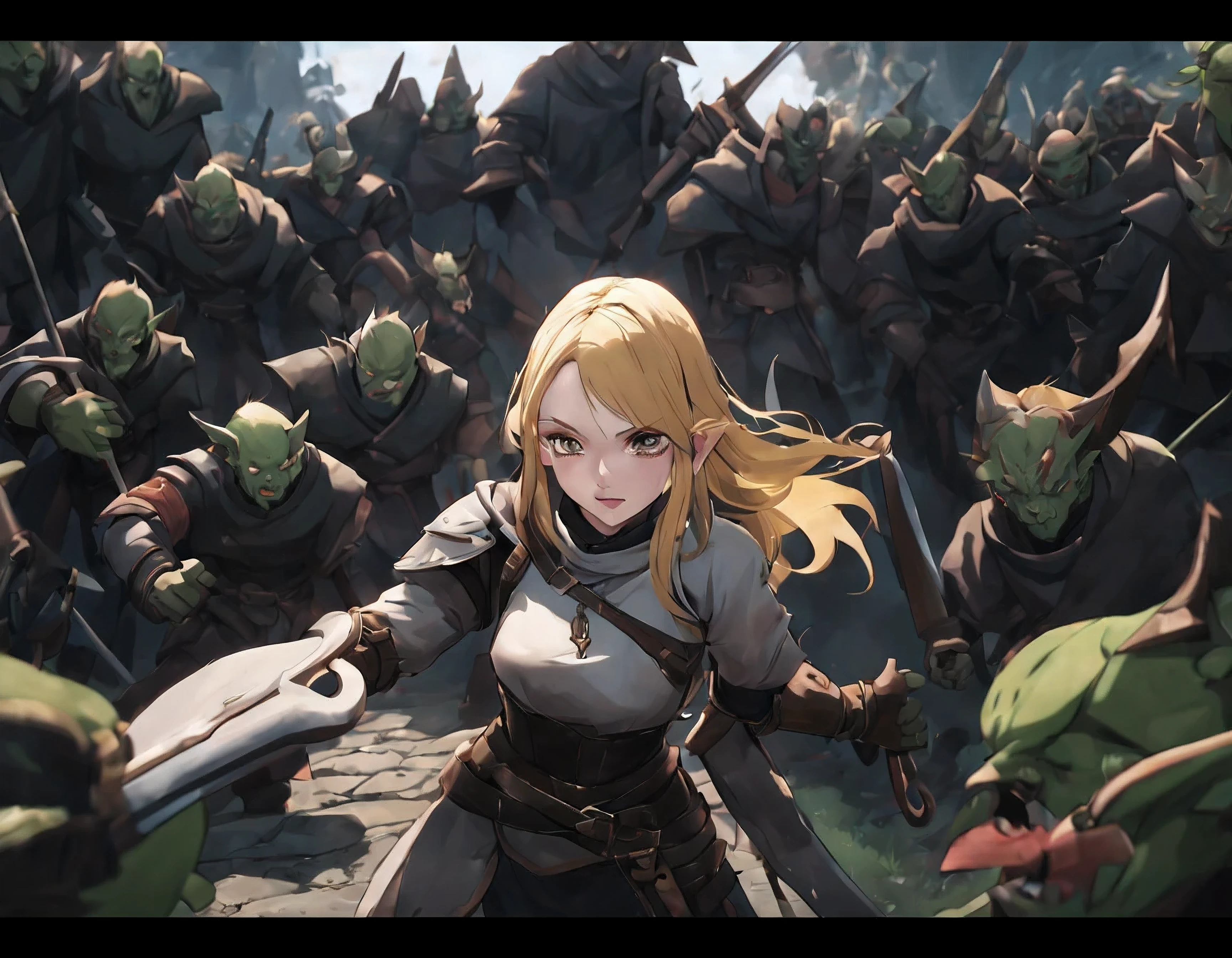 (Ultra HD, obra de arte, alta qualidade, 8K, 16k, anime), solo human adventurer girl is fighting the exército goblin, (cabelo loiro, armaduras, mulher de aparência madura, pele pálida), plano geral, Medieval, vários goblins, exército goblin, guerra