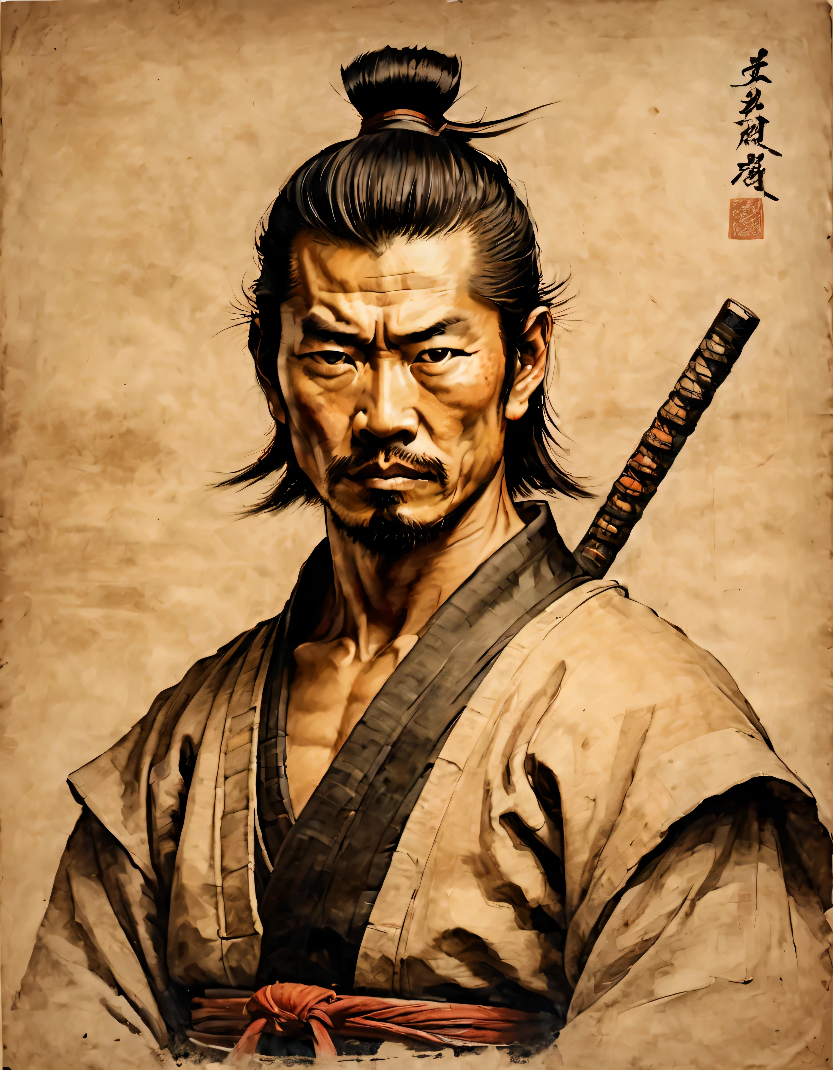 portrait de samouraï, samouraï painting, muscular samouraï male painting, samouraï, mince, petite taille, Homme incroyablement musclé, samouraï, muscular samouraï,sur parchemin