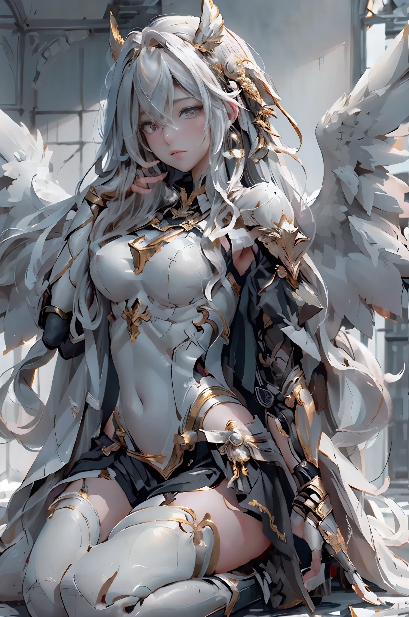 valkyrie、Golden Goddess、Lady Luck、beautiful goddess、highest quality、super delicate、Super high quality、realistic、angel with wings、shining brightly、Golden Valkyrie、mysterious gold background、beautiful body、Naked armor、Line armor revealing secret parts、Turtle shell binding、huge breasts、big 