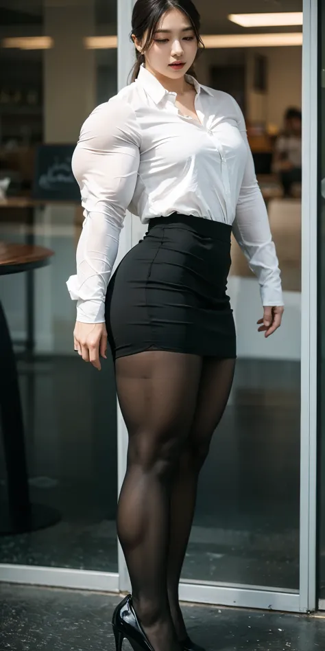 There is a woman wearing a business uniform,standing,, , (pantyhose), muscular thighs,tight skirt,  muscular female,muscular legs