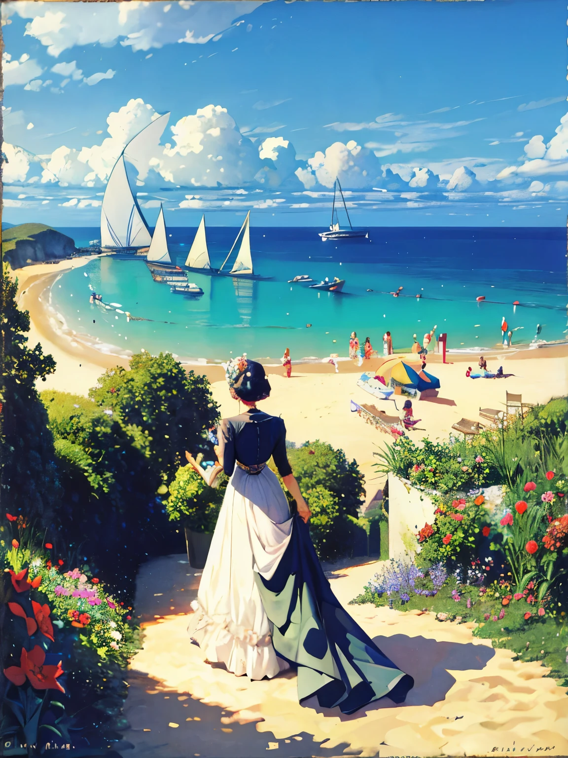 Beautiful oil painting landscape of the Canary Islands in the style of Claude Monet, official art, Impressionism、Floating thinly sliced oranges in iced tea on the terrace facing the sea、 The summer wind hurries across the sea and sandy beaches.、 I miss the young, bright dancers who were dancing like crazy.
