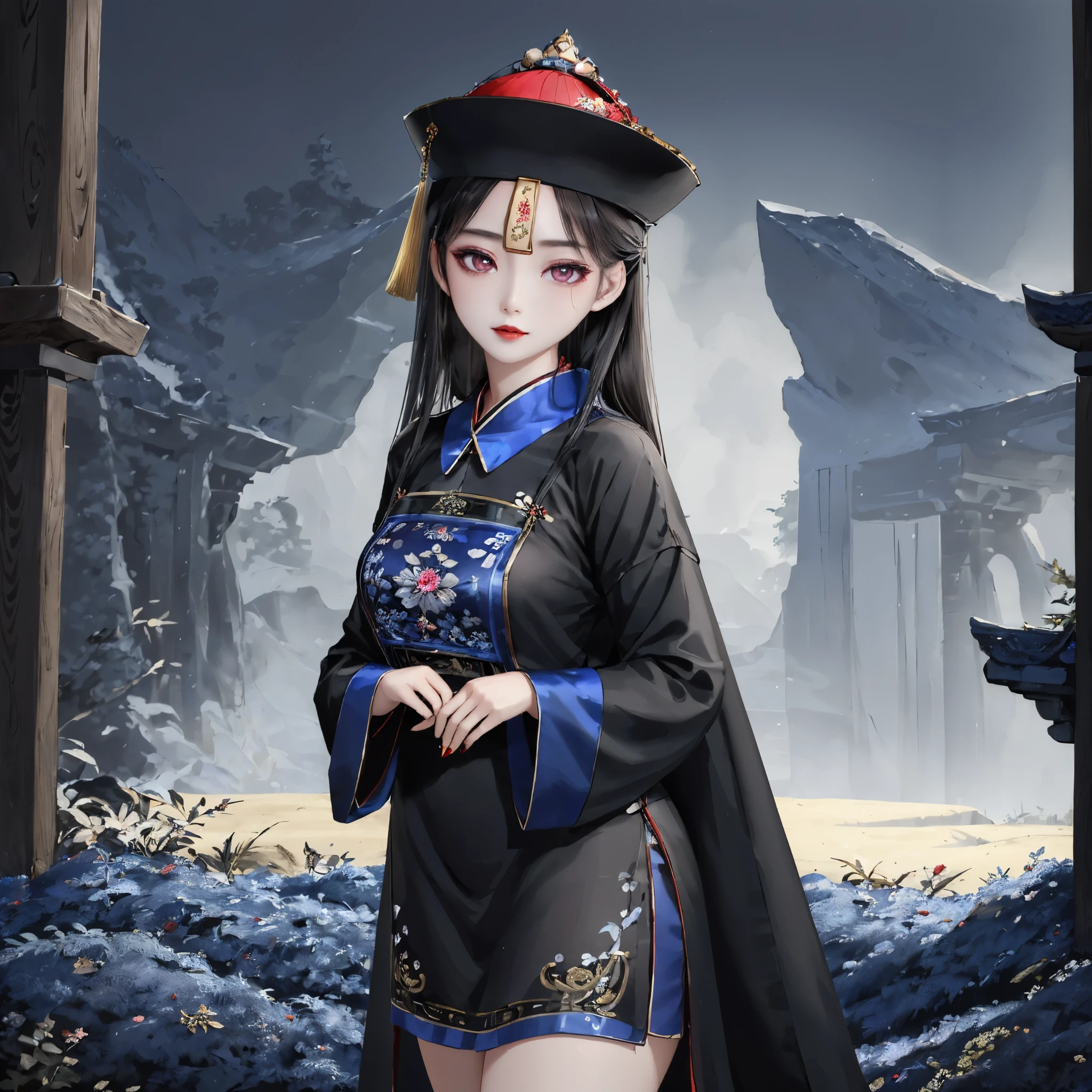 ((masterpiece)), ((best quality)), 8k, high detail, Super detailed, intricate details, illustration, fantasy, Surrealism, ((1 girl:1.2)), alone,solo, Describe the Chinese-style Jiang girl,  Jiang&#39;s girl clothing, (The imperial paper on the head), dressed in traditional garments, (night setting:1.2), (Ancient village ruins:1.1), (weird atmosphere), Chiang girl pose, (old charm:0.8), Detailed depiction of the Jiang girl in the Jiang pose, (Moonlight night), (mysterious mist), (traditional charm), (delicate eyes:1.1), (black hair), (pale skin), (red lips), balanced composition, lights under moonlight, Visual effects with eerie details, Maxon Cinema 4D，wilderness background,（（Big breasts））