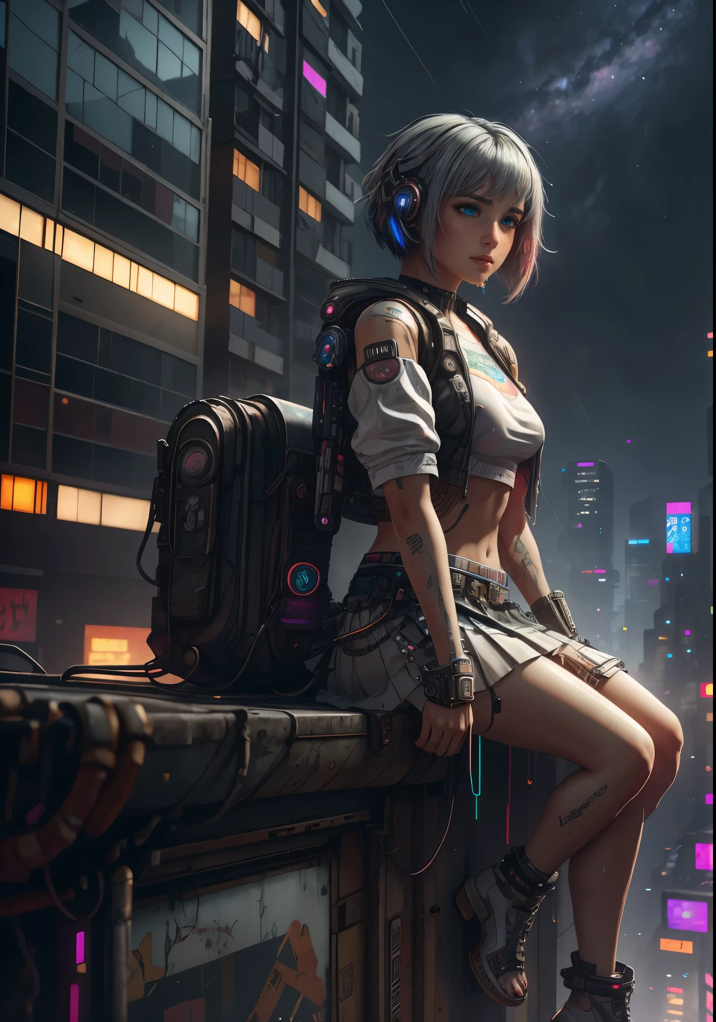 (realism), (portrait of a girl sitting legs dangling on a edge roof ledge), (rain drop), (sweat see through white frilled shirt:1.3), (pleated skirt:1.3), (rainy city), (dusk, the milky way in the sky:1.45), (small breasts), photoreal, (beautiful sky, starry), (masterpiece), (soaking wet), (sexy:1.3), (cyberpunk slums:1.5), (cyberpunk slums on top), (cyberpunk 2077), beautiful neon city, ((gray hair, multicolored eyes, multicolored hair, bob cut, short hair with long strands))
