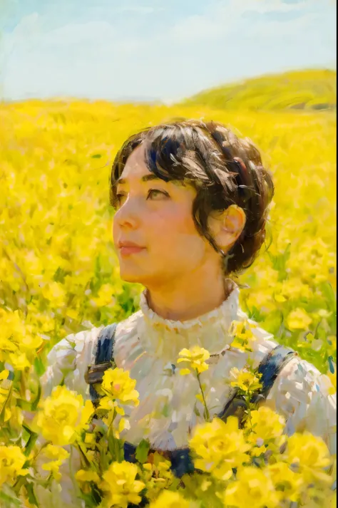 there is a woman standing in a field of yellow flowers, in a field of flowers,masterpiece on canvas in the style of Claude Monet, ClaudeMonet,A middle-aged brunette woman, ssmile, Extremely beautiful, Detailed landscape, Hyper-realistic, Elements of symbol...