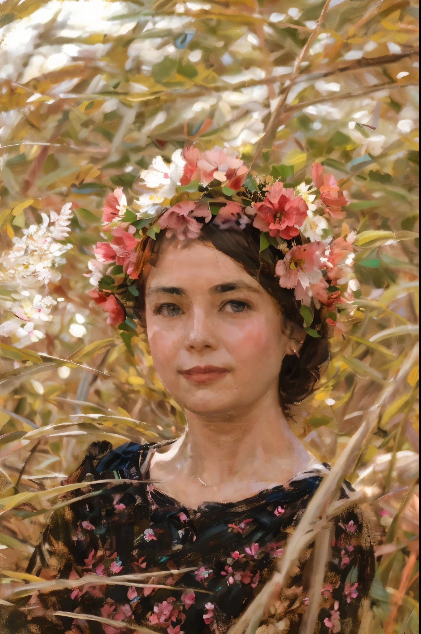 there is a woman wearing a flower crown in a field, masterpiece on canvas in the style of Claude Monet, ClaudeMonet,A middle-aged brunette woman, ssmile, Extremely beautiful, Detailed landscape, Hyper-realistic, Elements of symbolism and surrealism, intricatedesign, Foliage, florals, landscape, pastel colour, Blue details, pink details, The woman looked at the audience, Directly on the camera.