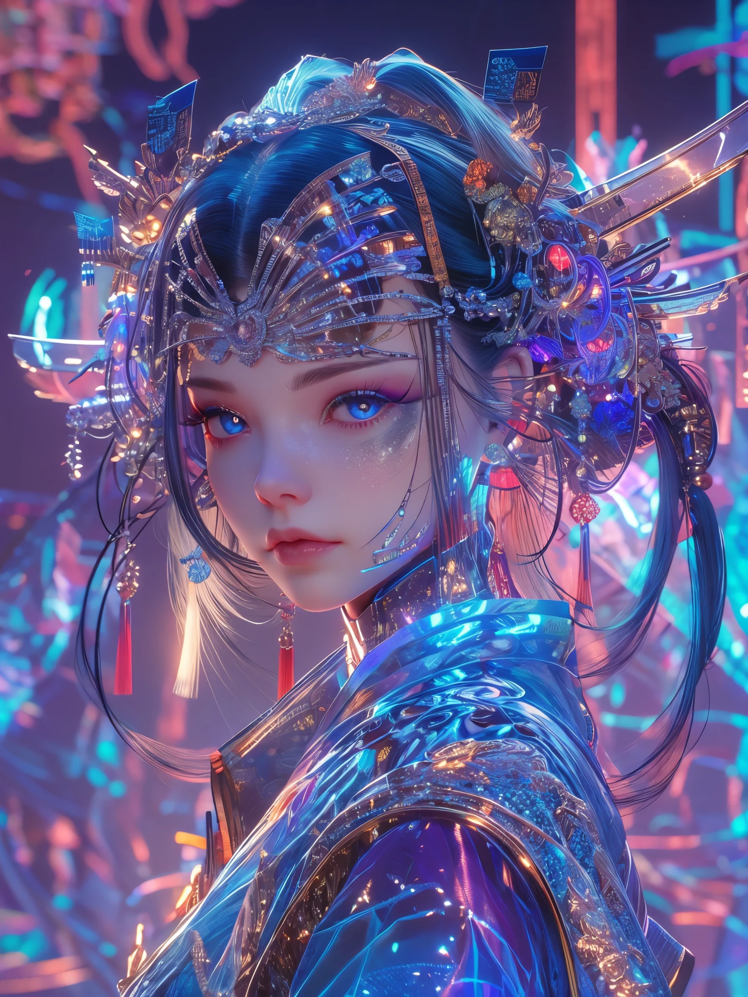 colorful,neon lights, Cyberpunk beauty ,1girl ,artist name ,bangs, blue eyes, closed mouth ,earrings ,eyelashes ,face, glowing ,gradient, gradient background ,hair ornament ,hair stick ,halo ,jewelry ,lips ,long hair, looking at viewer ,makeup ,mascara, portrait ,simple background ,solo, tassel ,upper body ,cyberpunk ,3d, neon light ,Bagua ,Tai Chi ,future technology, glow, glow effect ,high detail, best quality ,Tang Dynasty clothing ,hanfu ,Hua Dan of ******* Opera 