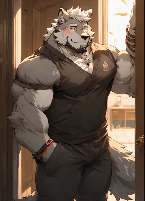 （masterpiece），（Very detailed），（best quality），hairy，Wolf，gray fur，white hair，golden pupils，muscular，Smile（Blushing 1.1），（black casual wear 1.2），A boy stands outside the door，8k，（（high quality））