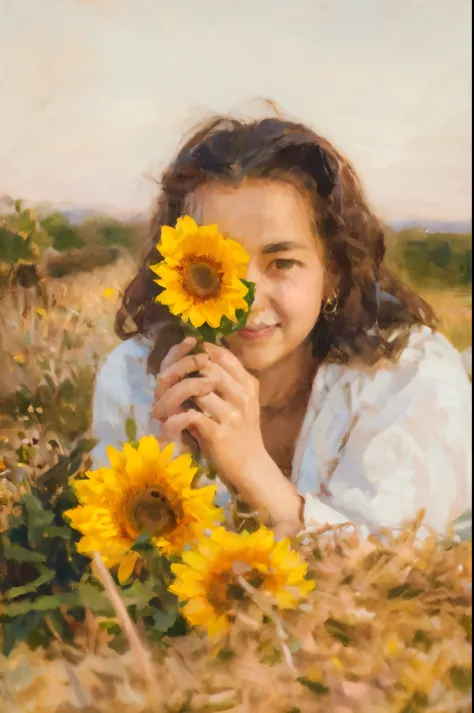 there is a woman laying on a hay field with a bunch of sunflowers,masterpiece on canvas in the style of Claude Monet, ClaudeMonet,A middle-aged brunette woman, ssmile, Extremely beautiful, Detailed landscape, Hyper-realistic, Elements of symbolism and surr...